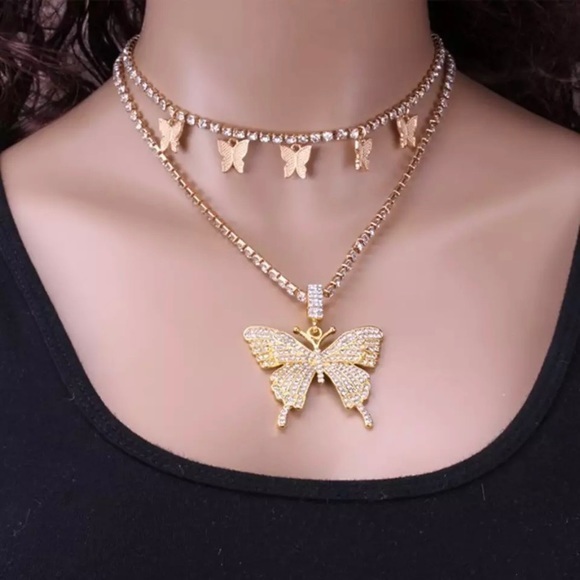 HP🦋STUNNING RHINESTONE BUTTERFLY GOLD CHOKER 2 PIECE SET - Picture 9 of 13